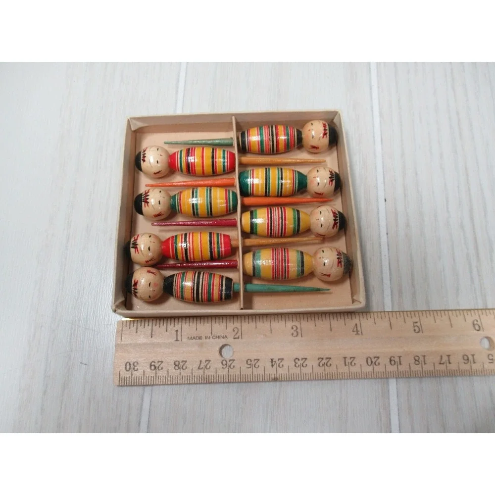 Kokeshi doll set of vintage cocktail drink picks cheese small wooden barware